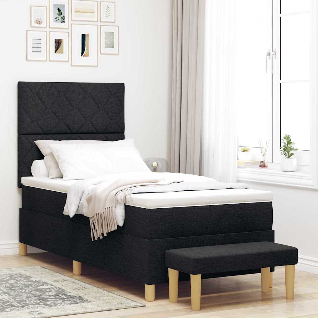 Boxrugós ágy párnával fejtámlával Fekete 190 x 90 cm szövet