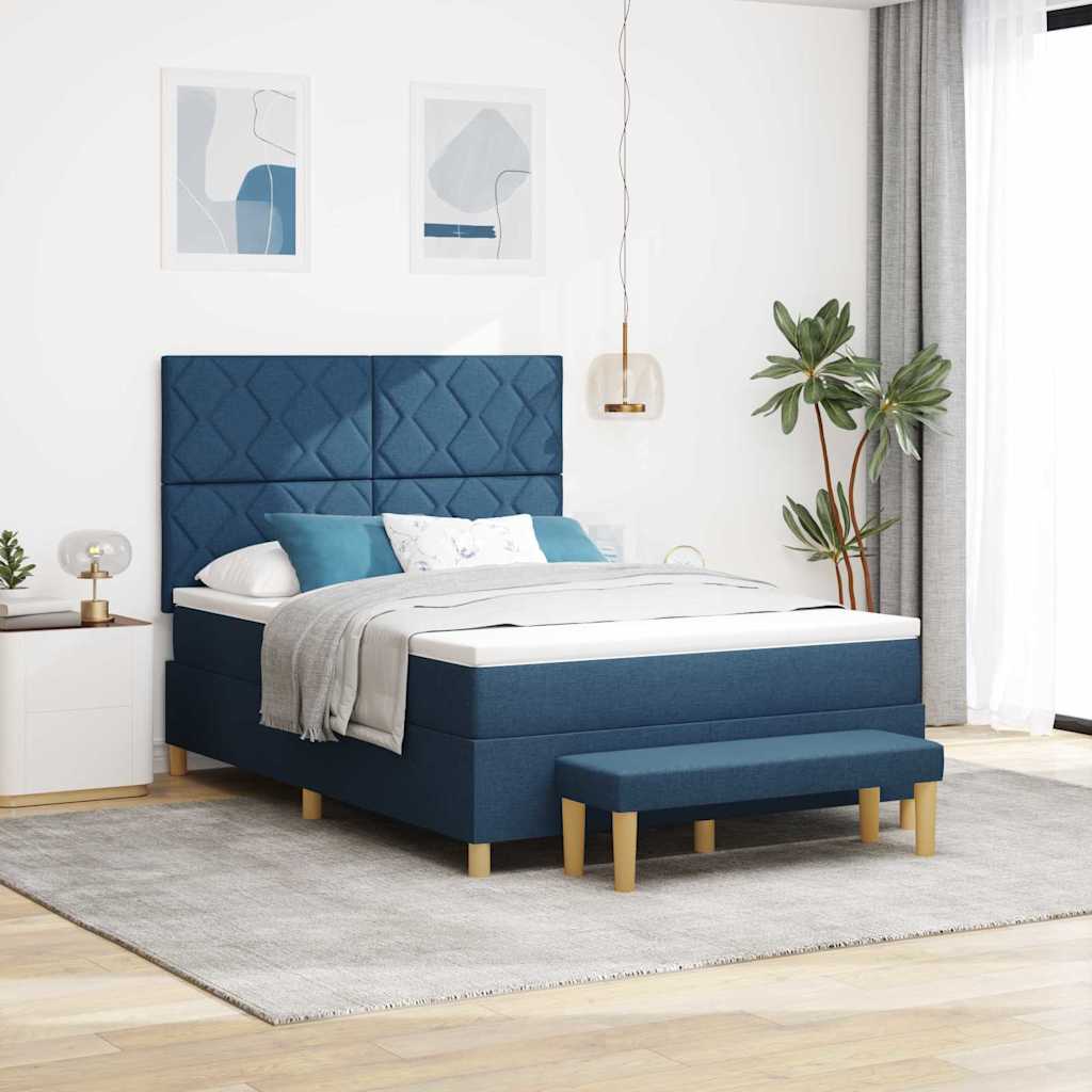 Boxrugós ágy párnával fejtámlával Kék 200 x 160 cm szövet