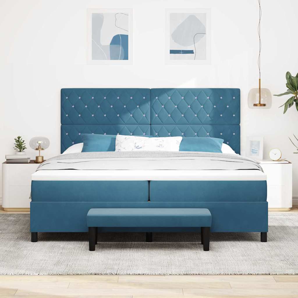 Boxrugós ágy matracmal Sötétkék 200 x 200 cm Bársony