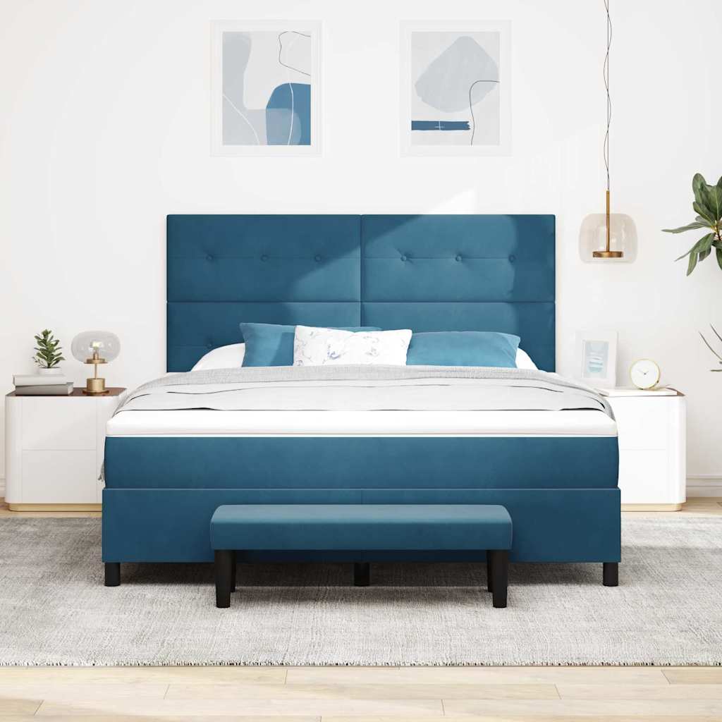 Boxrugós ágy fejtámlával Sötétkék 200 x 180 cm Bársony