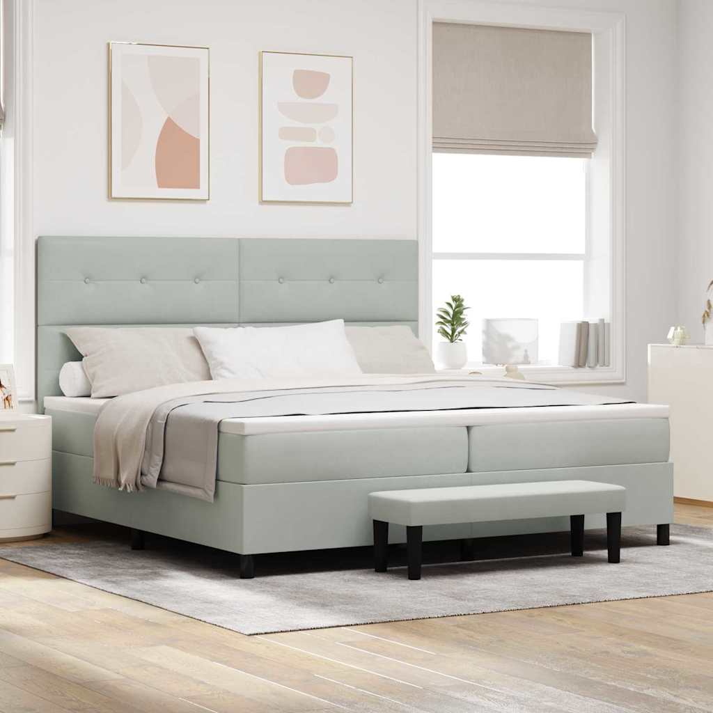 Boxrugós ágy fejtámlával Világosszürke 200 x 200 cm Bársony