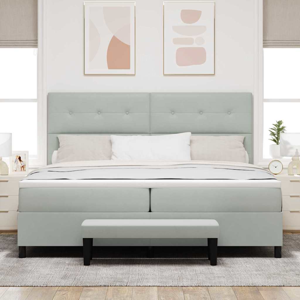 Boxrugós ágy fejtámlával Világosszürke 200 x 200 cm Bársony