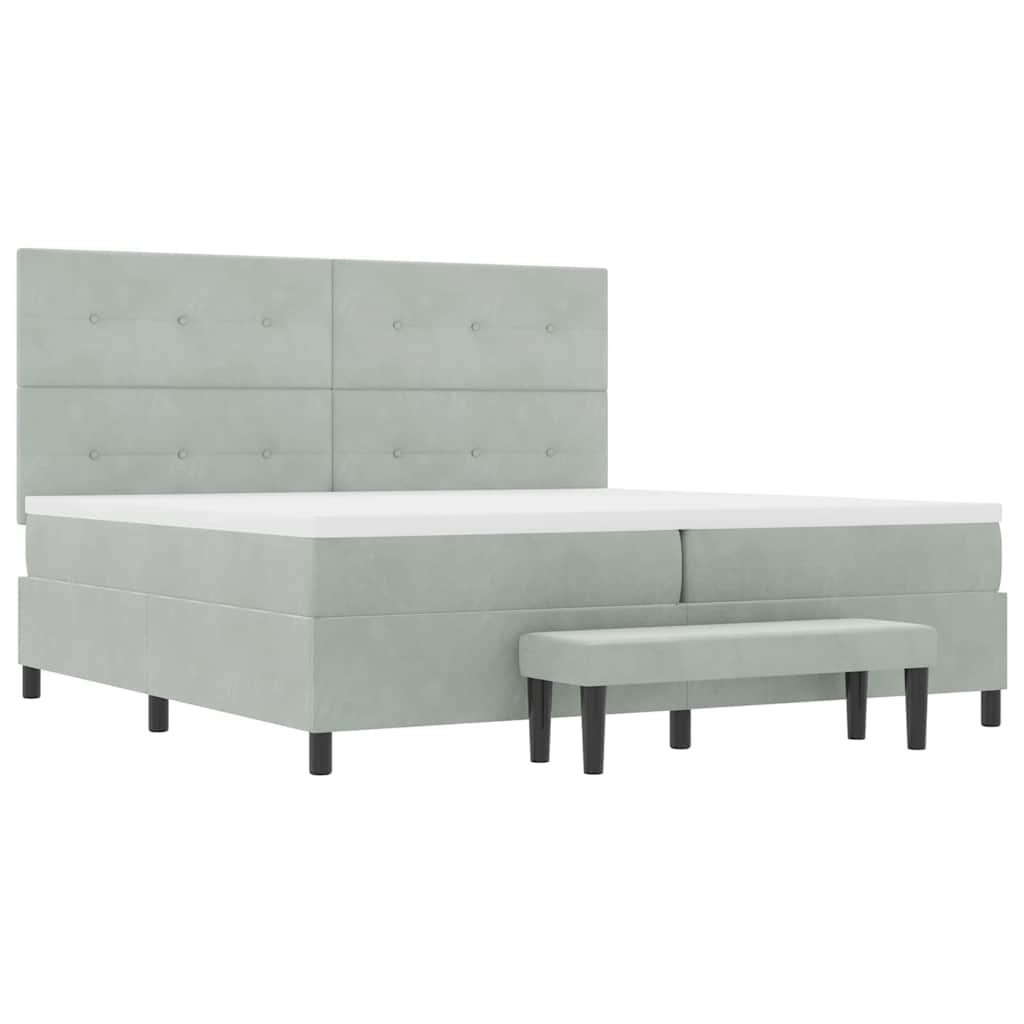 Boxrugós ágy fejtámlával Világosszürke 200 x 200 cm Bársony