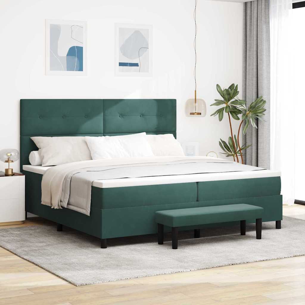 Boxrugós ágy matracmal Sötétzöld 200 x 200 cm Bársony