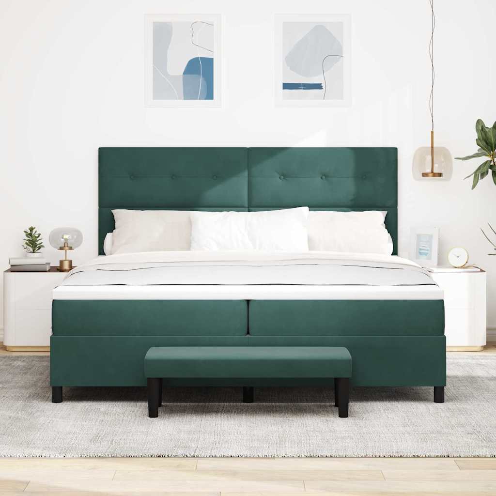 Boxrugós ágy matracmal Sötétzöld 200 x 200 cm Bársony