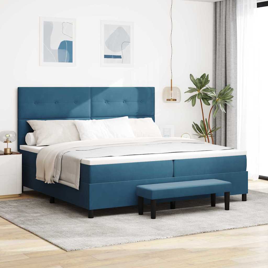 Boxrugós ágy matracmal Sötétkék 200 x 200 cm Bársony