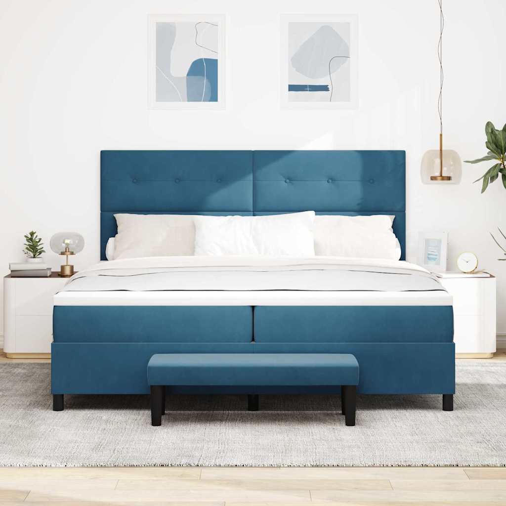 Boxrugós ágy matracmal Sötétkék 200 x 200 cm Bársony