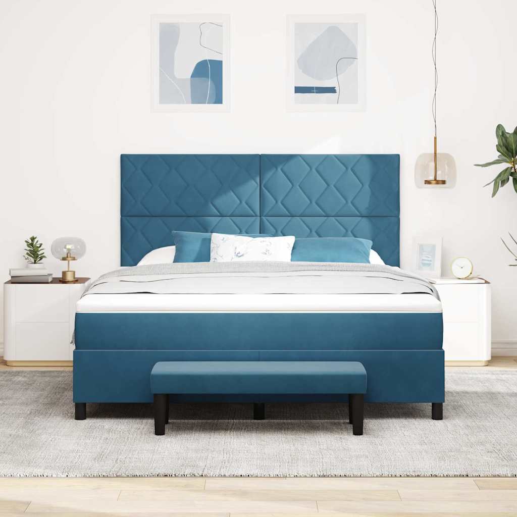 Boxrugós ágy fejtámlával Sötétkék 200 x 180 cm Bársony