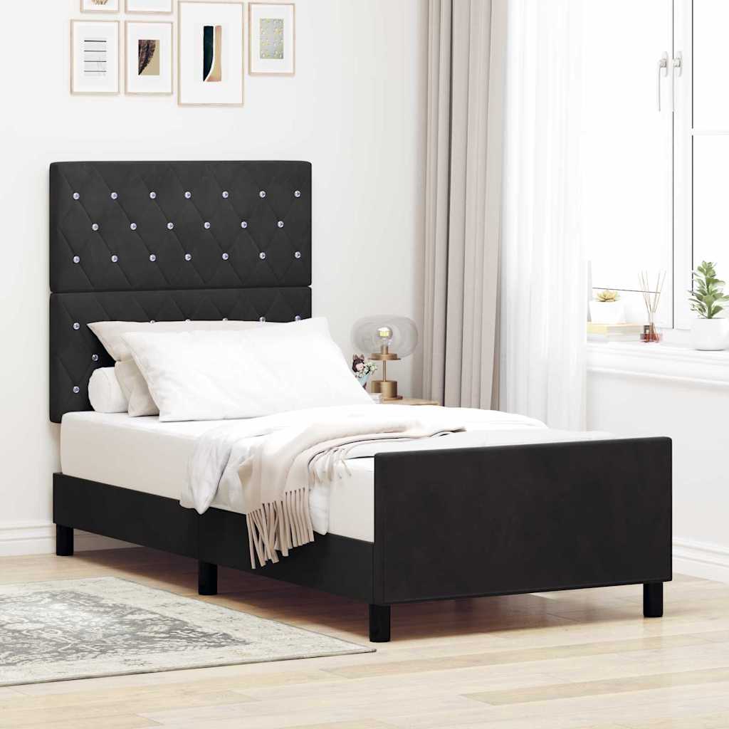Boxrugós ágy fejtámlával Fekete 90 x 190 cm Bársony