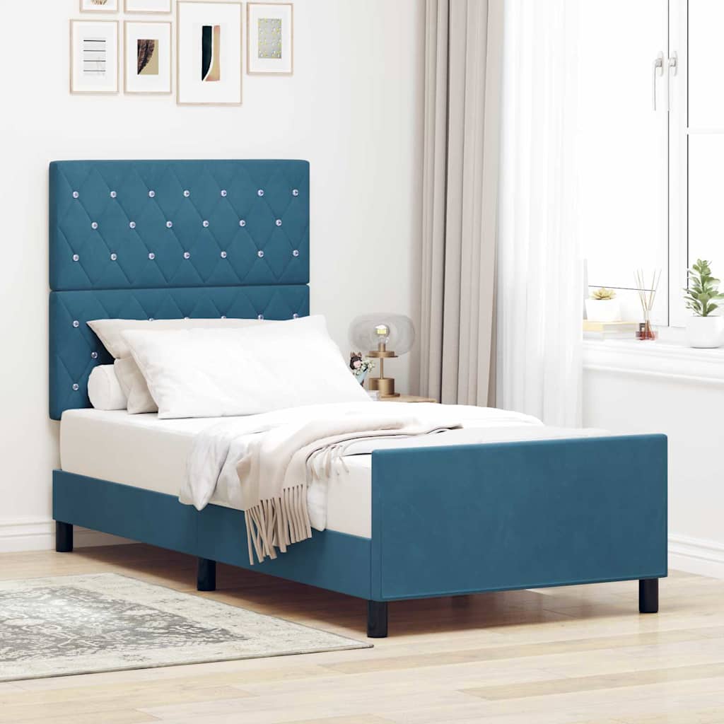 Boxrugós ágy fejtámlával Sötét kék 90 x 190 cm Bársony