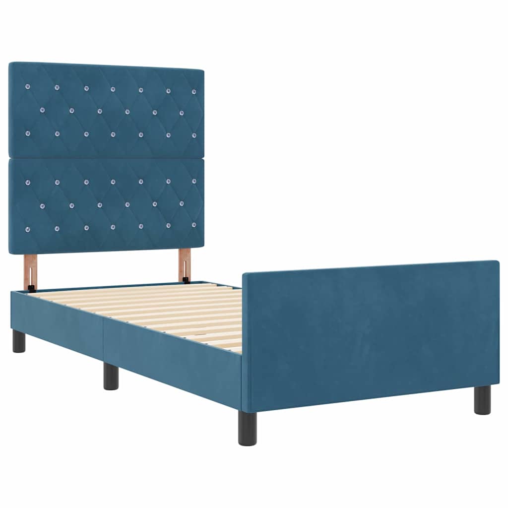 Boxrugós ágy fejtámlával Sötét kék 90 x 190 cm Bársony
