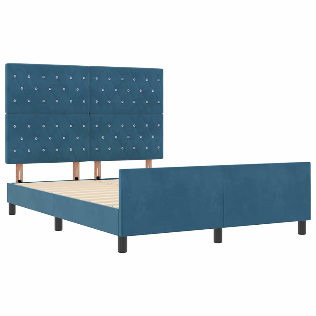 Boxrugós ágy fejtámlával Sötét kék 160 x 200 cm Bársony