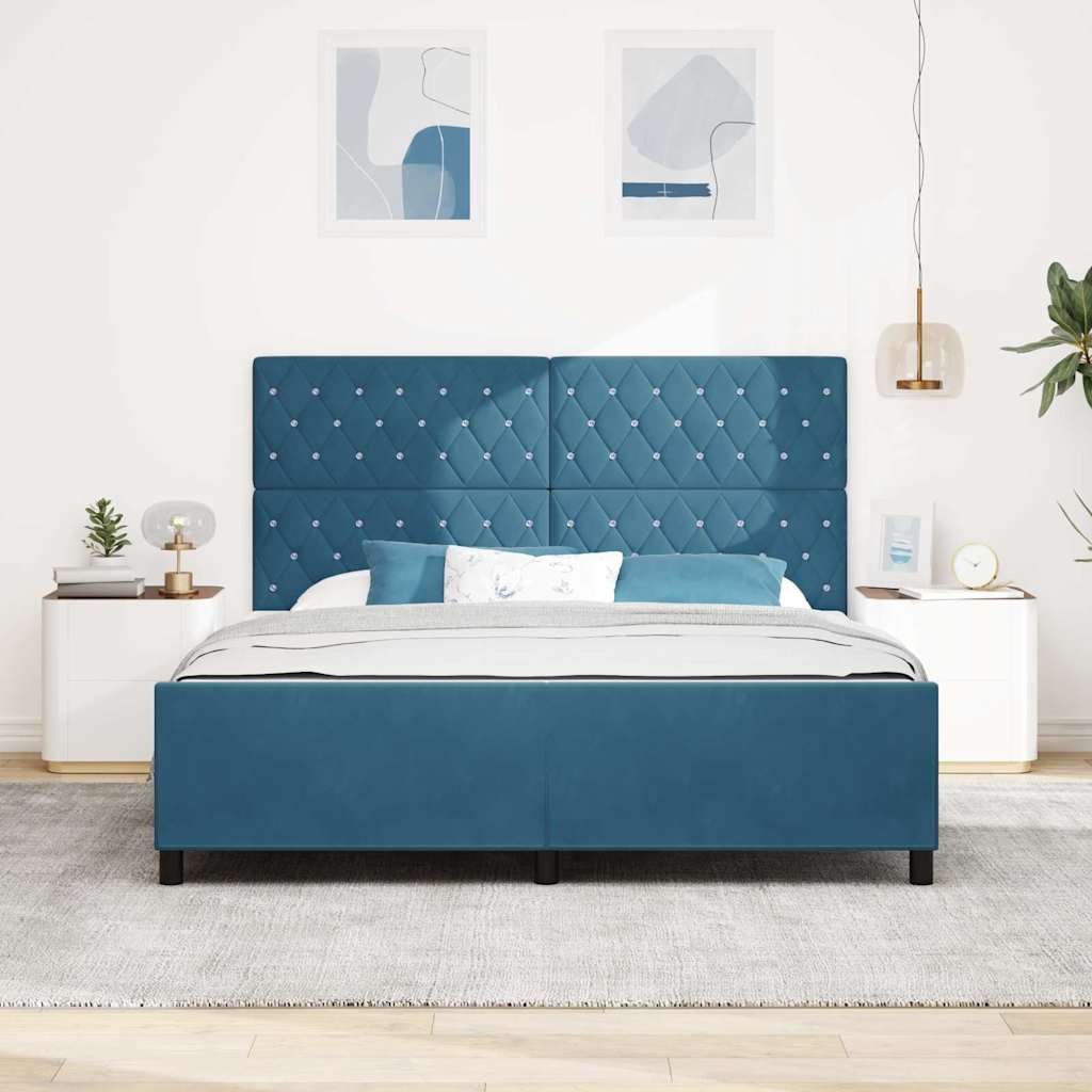 Boxrugós ágy fejtámlával Sötét kék 180 x 200 cm Bársony