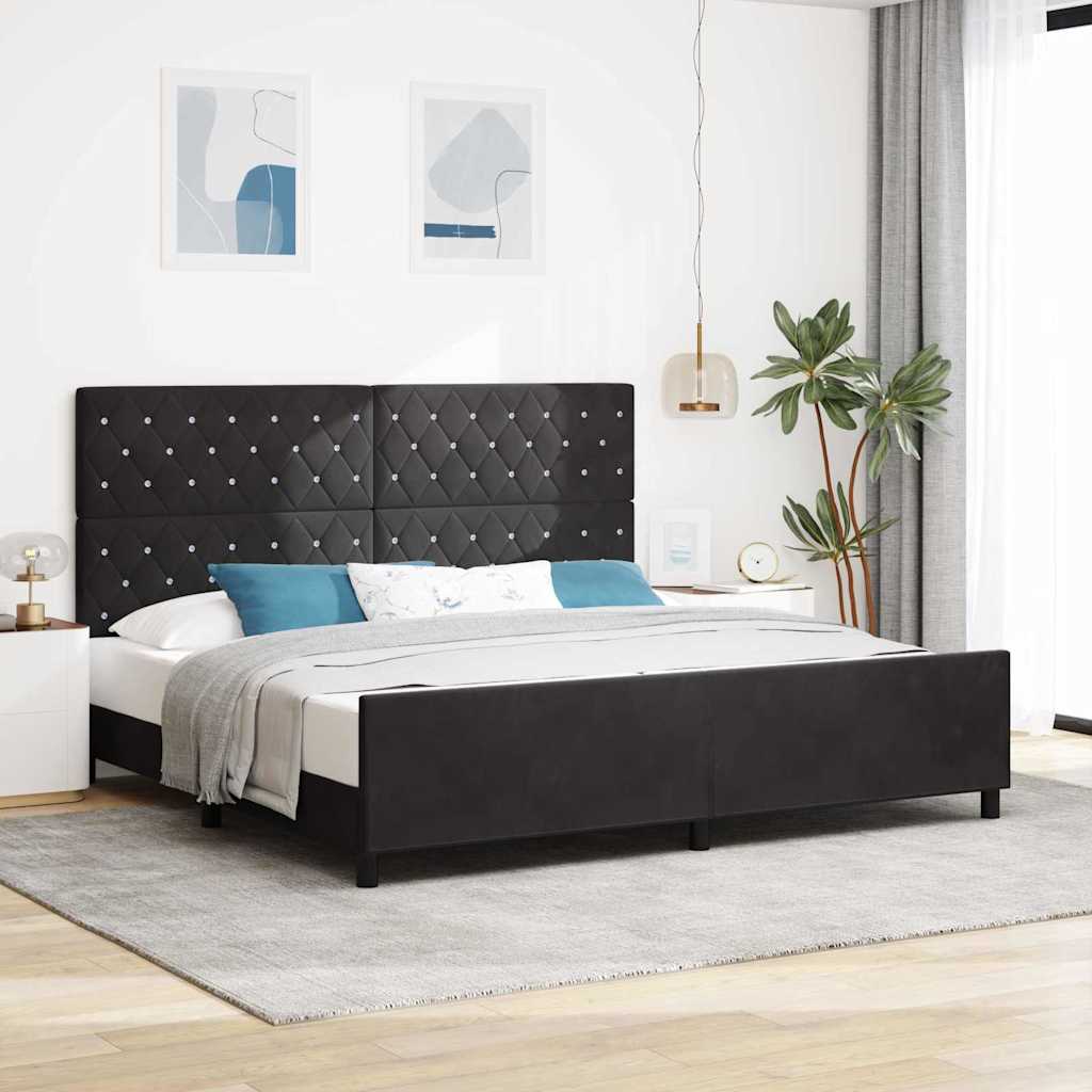 Boxrugós ágy fejtámlával Fekete 200 x 200 cm Bársony