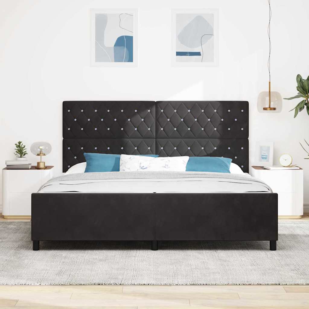 Boxrugós ágy fejtámlával Fekete 200 x 200 cm Bársony
