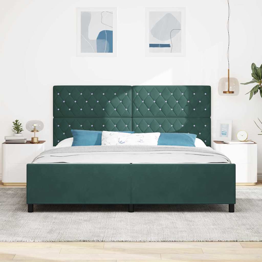 Boxrugós ágy fejtámlával Sötétzöld 200 x 200 cm Bársony