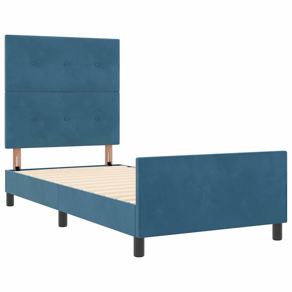 Boxrugós ágy fejtámlával Sötét kék 90 x 200 cm Bársony