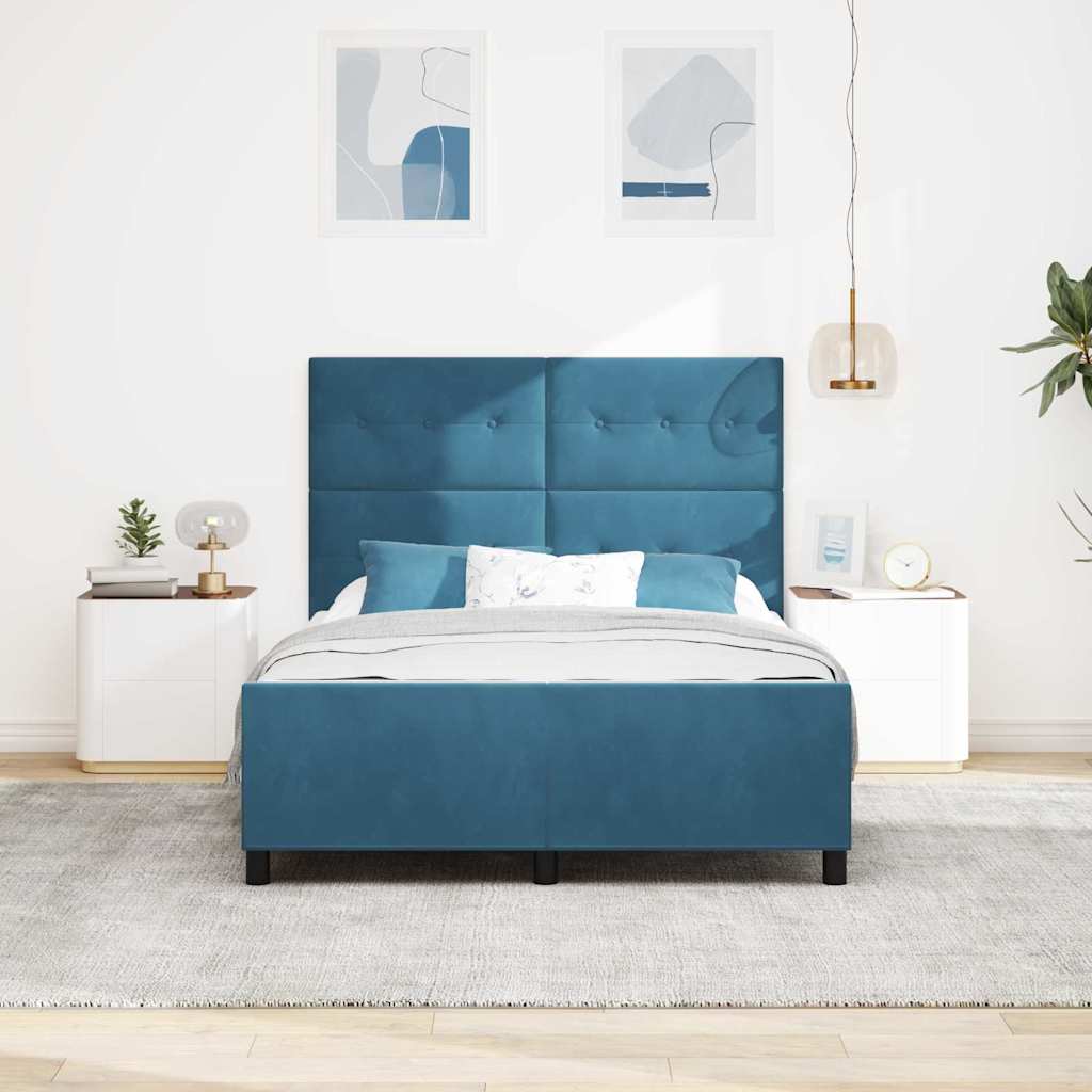 Boxrugós ágy fejtámlával Sötét kék 140 x 190 cm Bársony