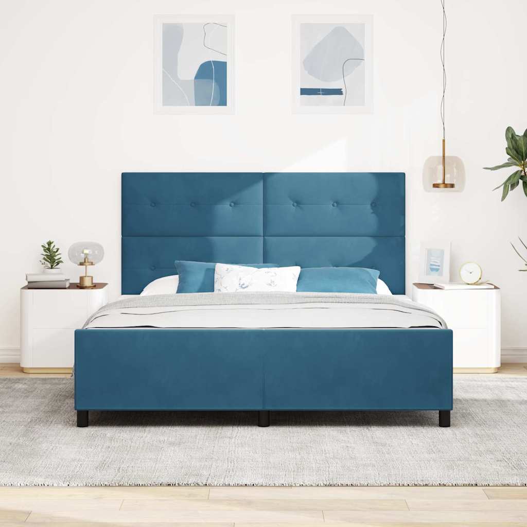 Boxrugós ágy fejtámlával Sötét kék 180 x 200 cm Bársony