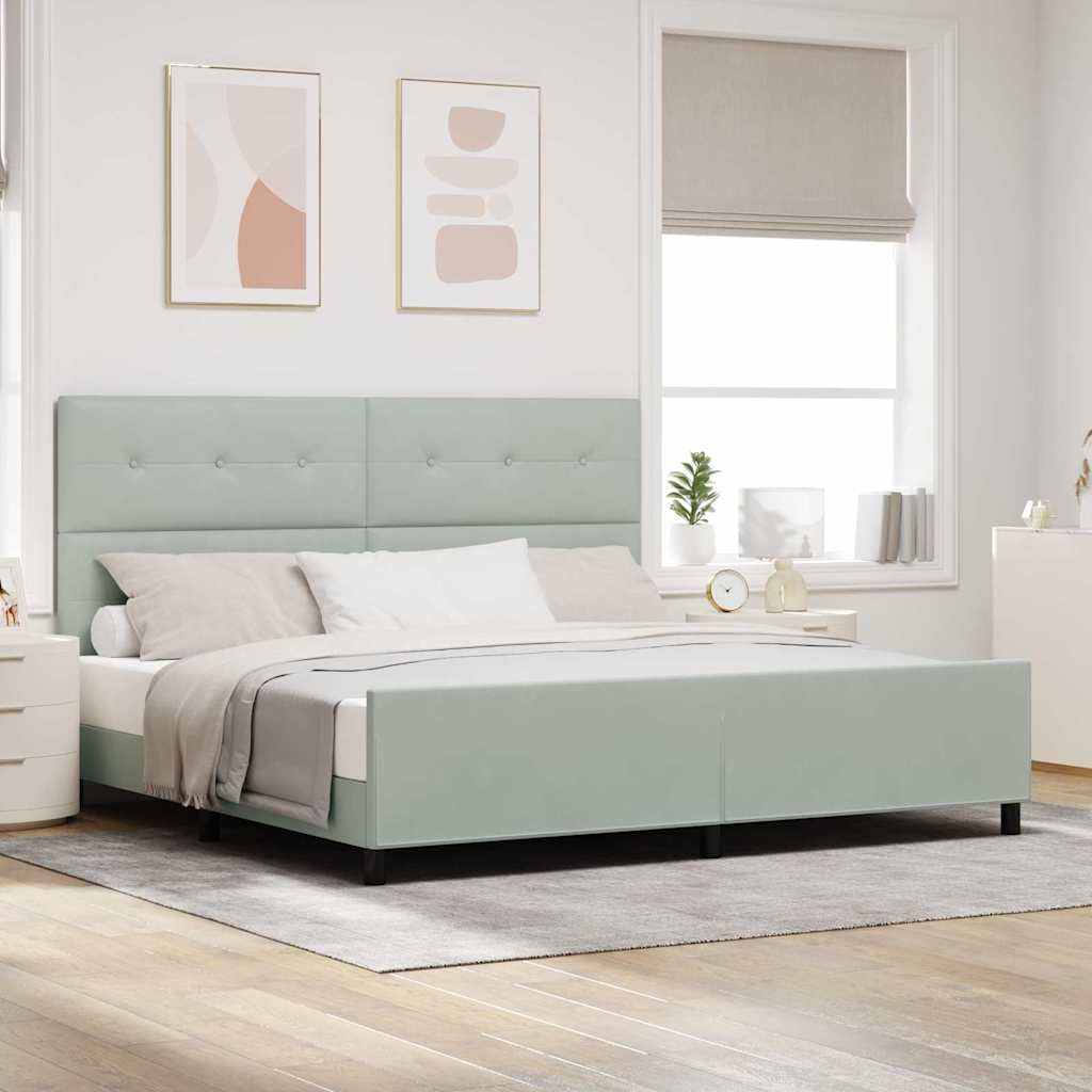 Boxrugós ágy fejtámlával Világosszürke 200 x 200 cm Bársony
