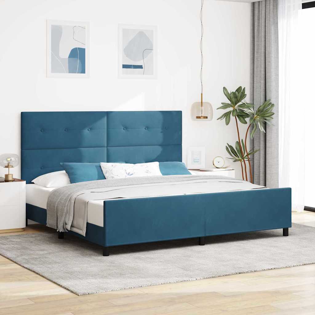 Boxrugós ágy fejtámlával Sötét kék 200 x 200 cm Bársony