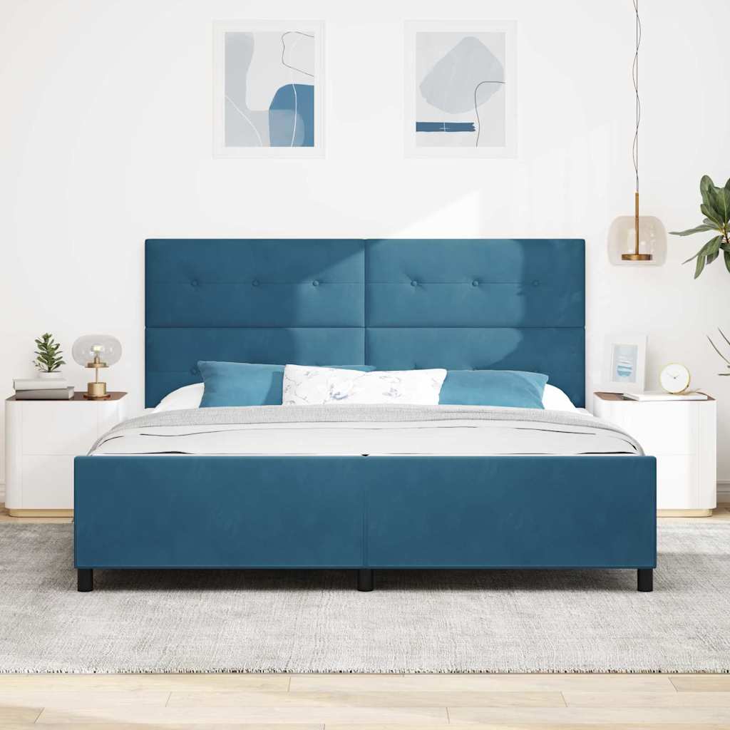 Boxrugós ágy fejtámlával Sötét kék 200 x 200 cm Bársony