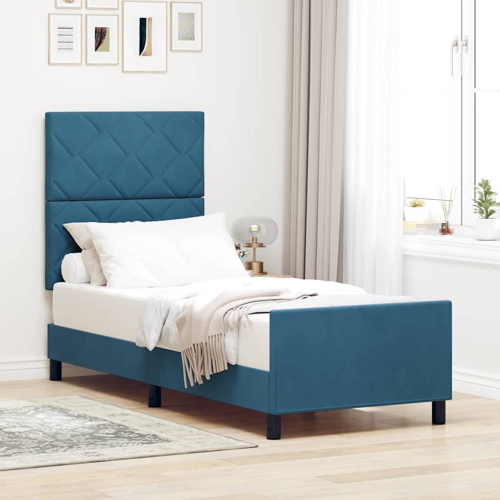 Boxrugós ágy fejtámlával Sötét kék 80 x 200 cm Bársony