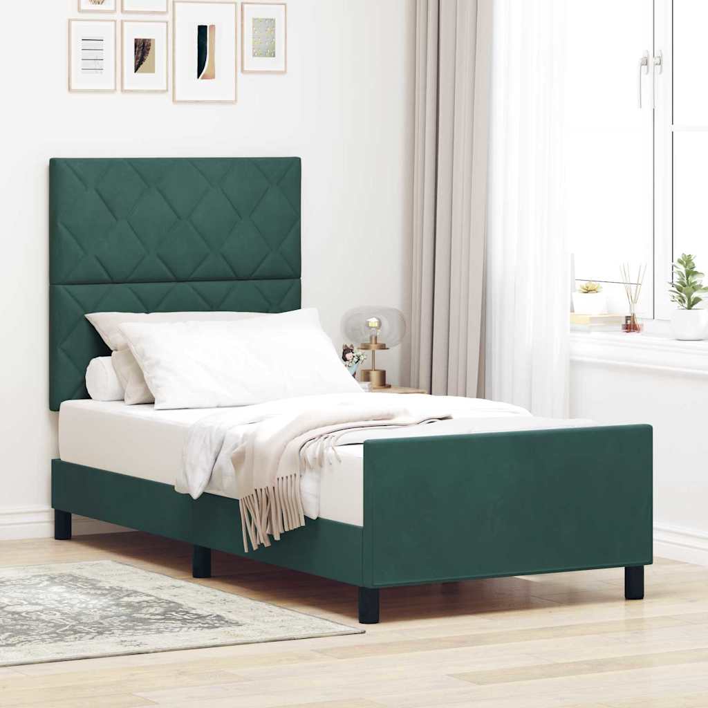 Boxrugós ágy fejtámlával Sötétzöld 90 x 200 cm Bársony