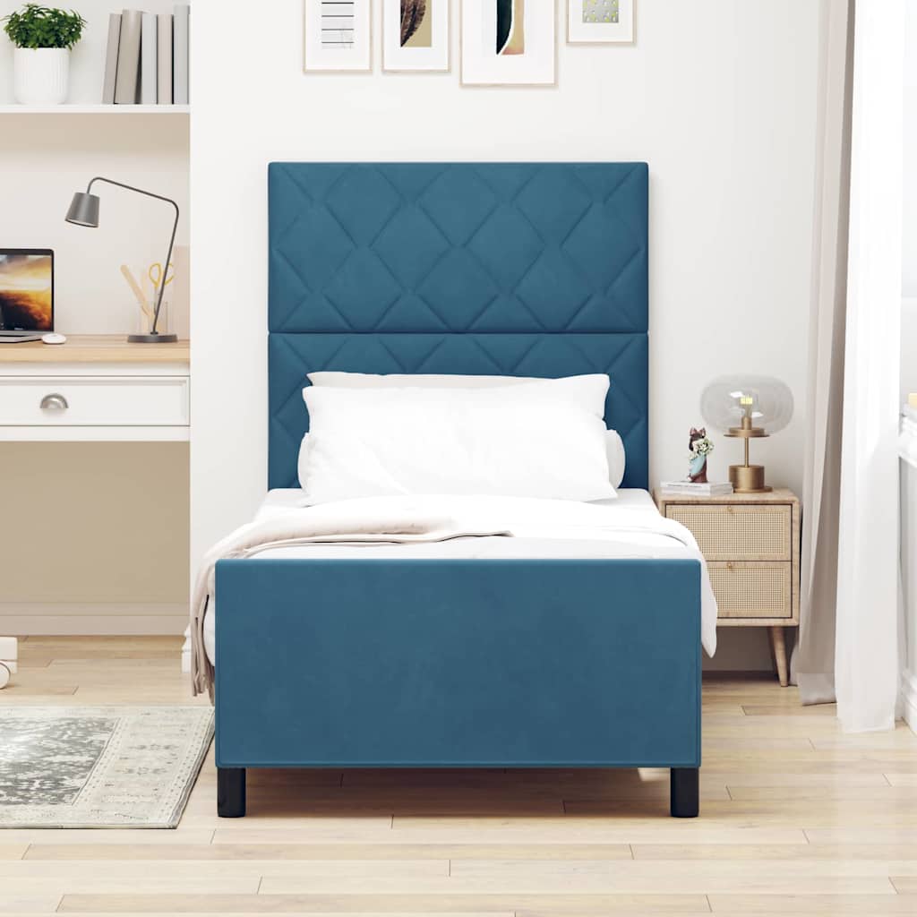 Boxrugós ágy fejtámlával Sötét kék 90 x 200 cm Bársony