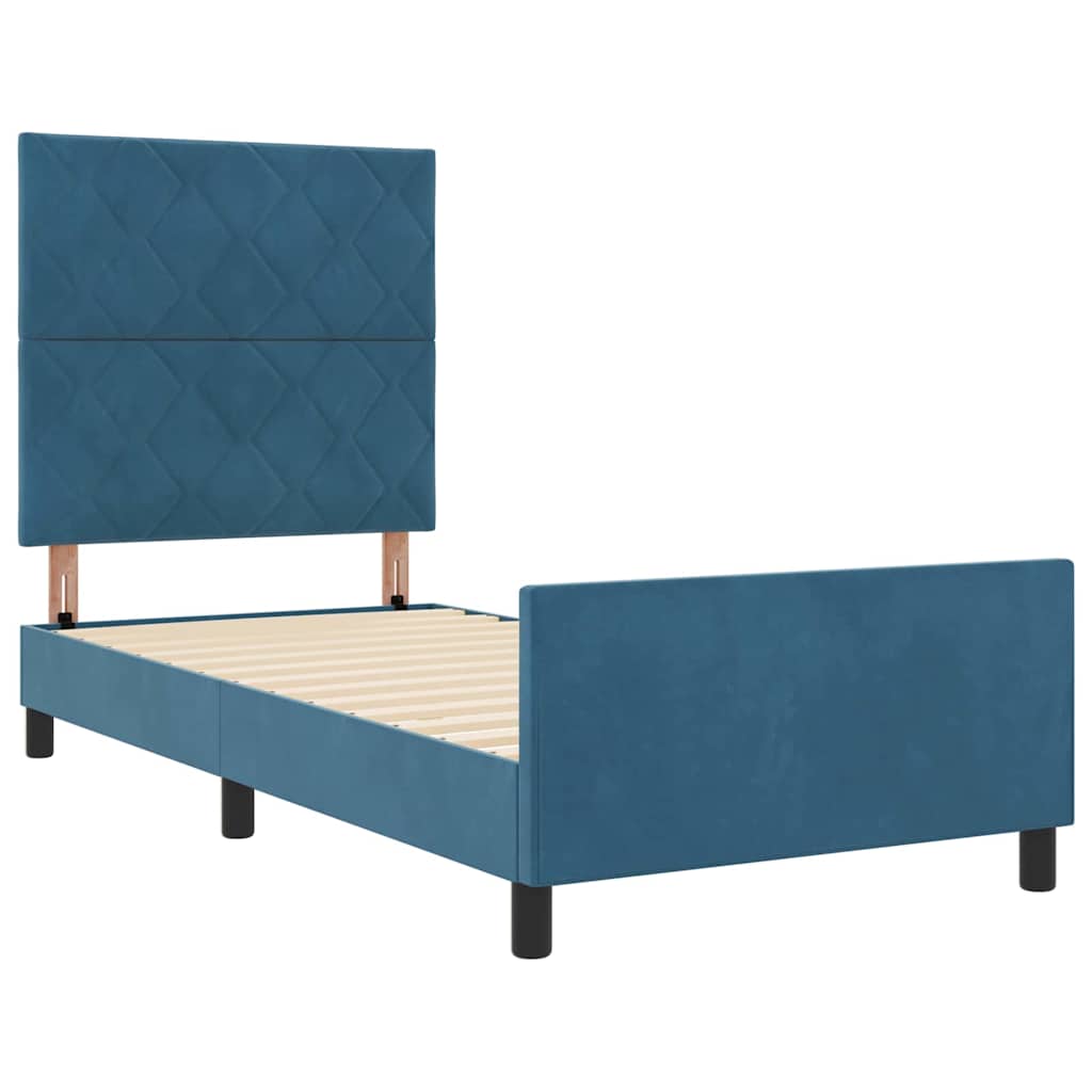 Boxrugós ágy fejtámlával Sötét kék 90 x 200 cm Bársony