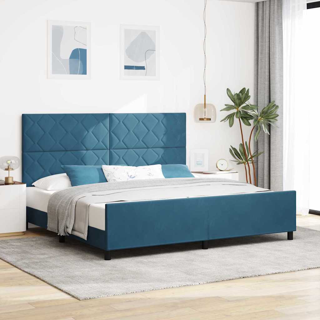 Boxrugós ágy fejtámlával Sötét kék 200 x 200 cm Bársony