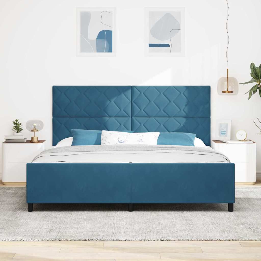 Boxrugós ágy fejtámlával Sötét kék 200 x 200 cm Bársony
