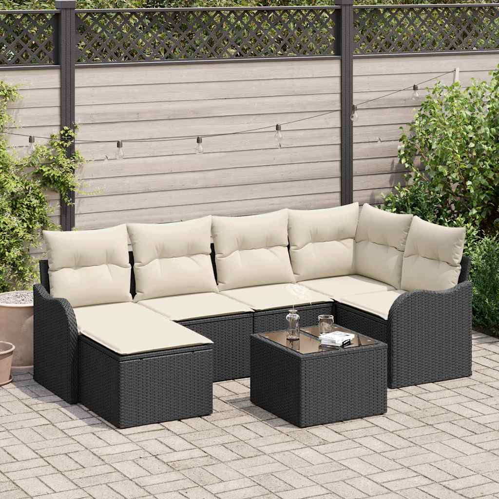 Kerti Kanapé Szett párnával 7 pcs Fekete és fehér Poli rattan