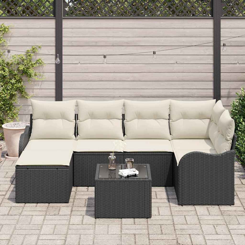 Kerti Kanapé Szett párnával 7 pcs Fekete és fehér Poli rattan