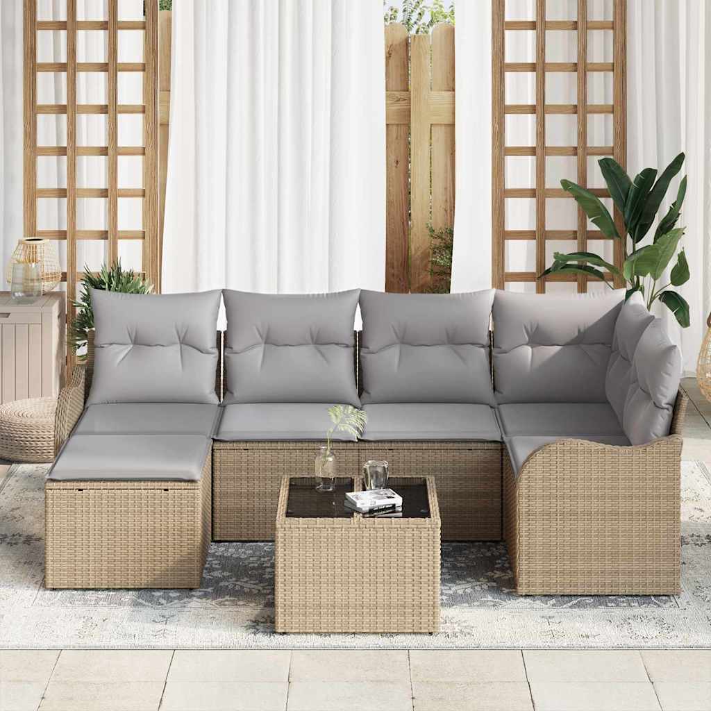 Kerti Kanapé Szett 7 pcs bézs és világosszürke Poli rattan
