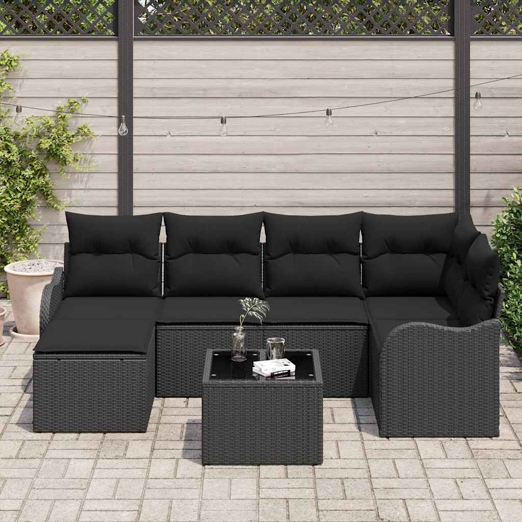 Kerti Kanapé Szett párnával 7 pcs Fekete Poli rattan