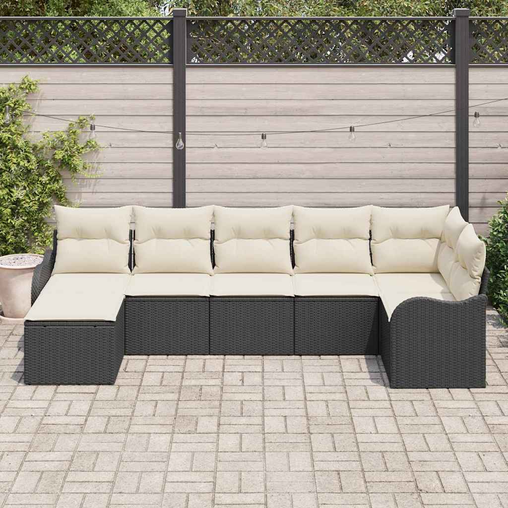 Kerti Kanapé Szett párnával 7 pcs Fekete és fehér Poli rattan