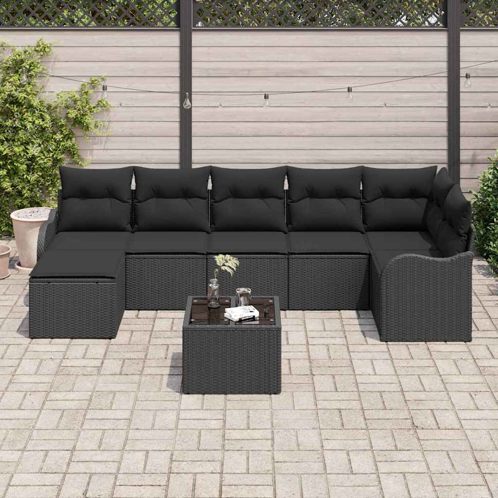 Kerti Kanapé Szett párnával 8 pcs Fekete Poli rattan