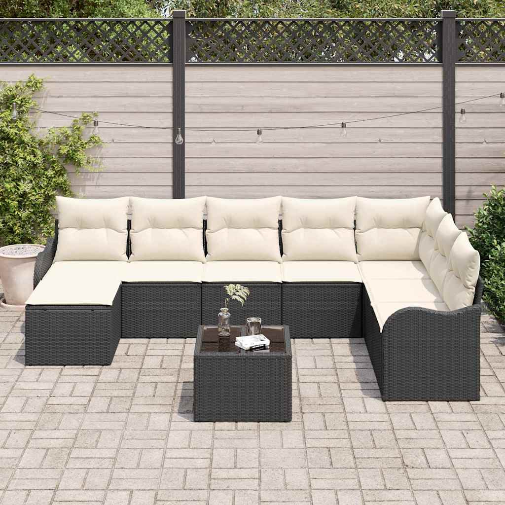 Kerti Kanapé Szett párnával 9 pcs Fekete és fehér Poli rattan