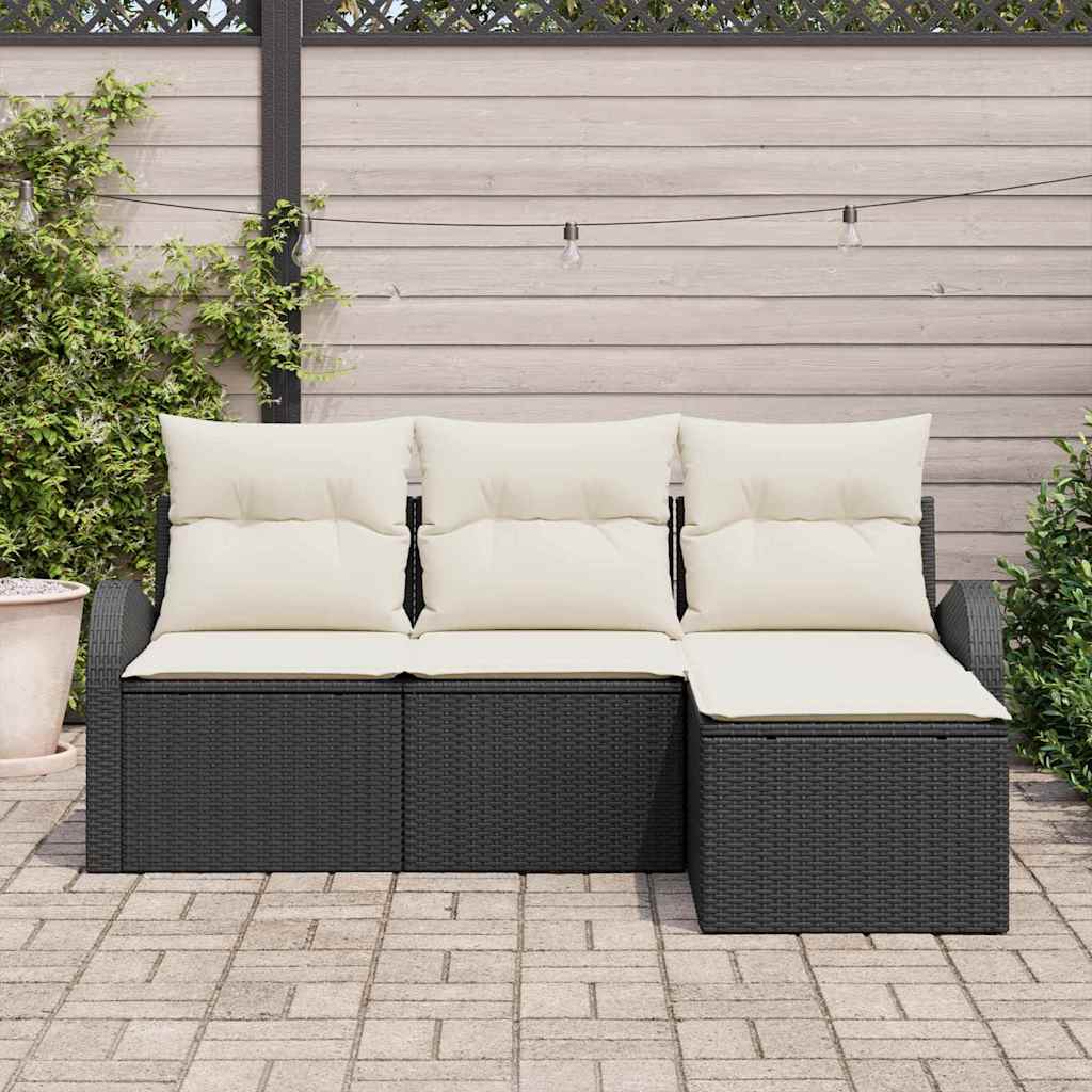 Kanapé Szett párnával 4 pcs Fekete és Fehér polirattan