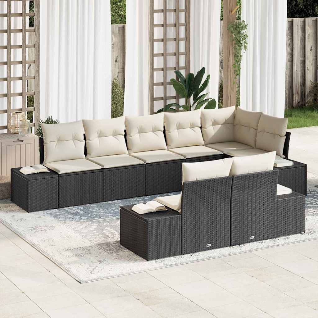 Kerti Kanapé Szett tárolóval 8 pcs Fekete és Krém Poli rattan