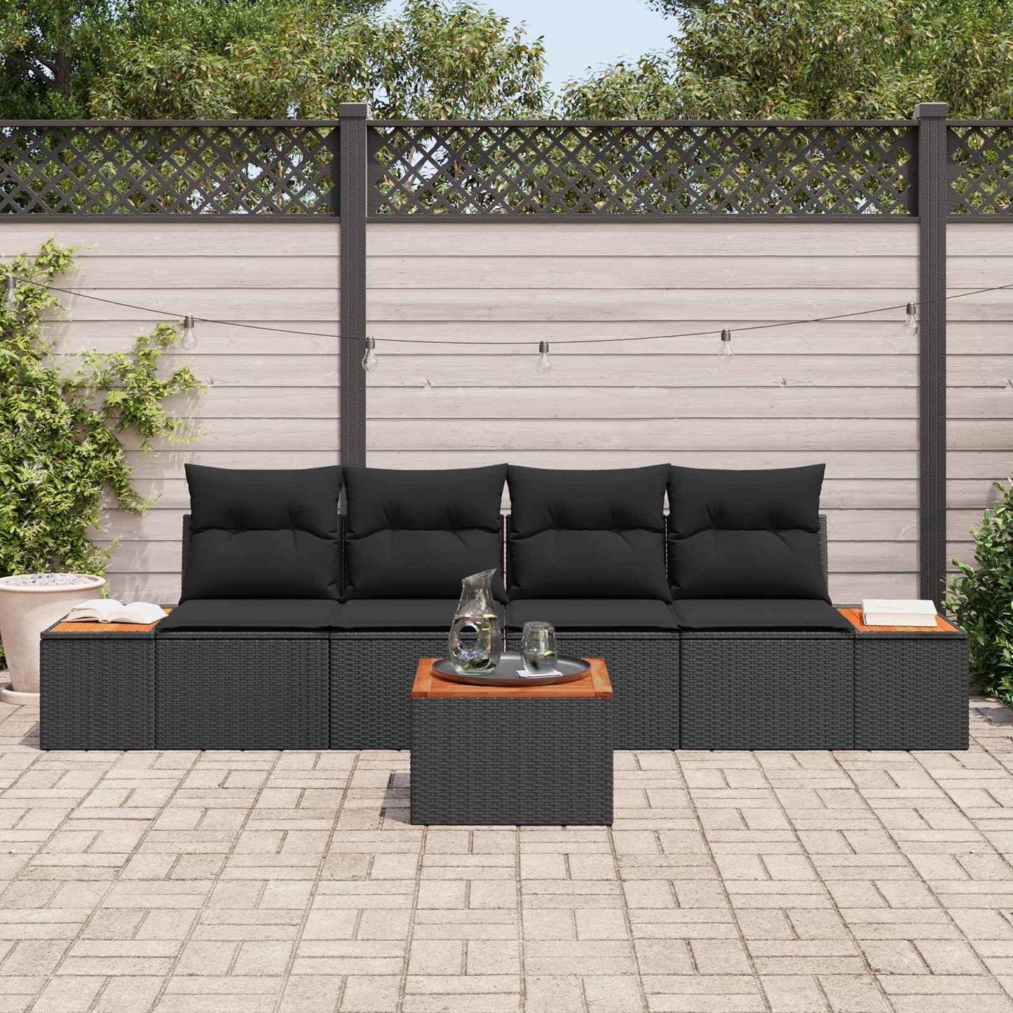 Kerti Kanapé Szett párnával tárolóval 5 pcs Fekete Poli rattan