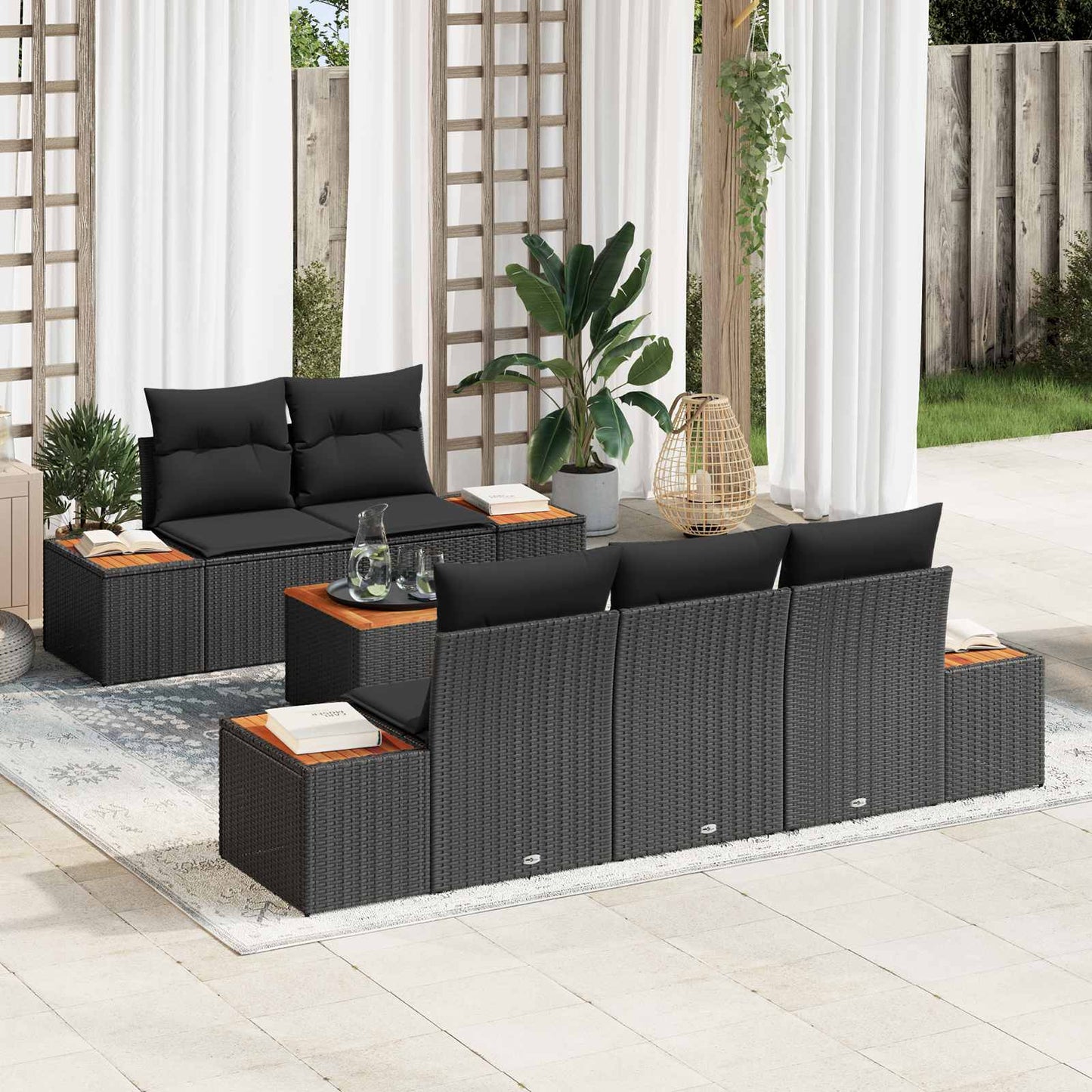 Kerti Kanapé Szett tárolóval 6 pcs Fekete Poli rattan