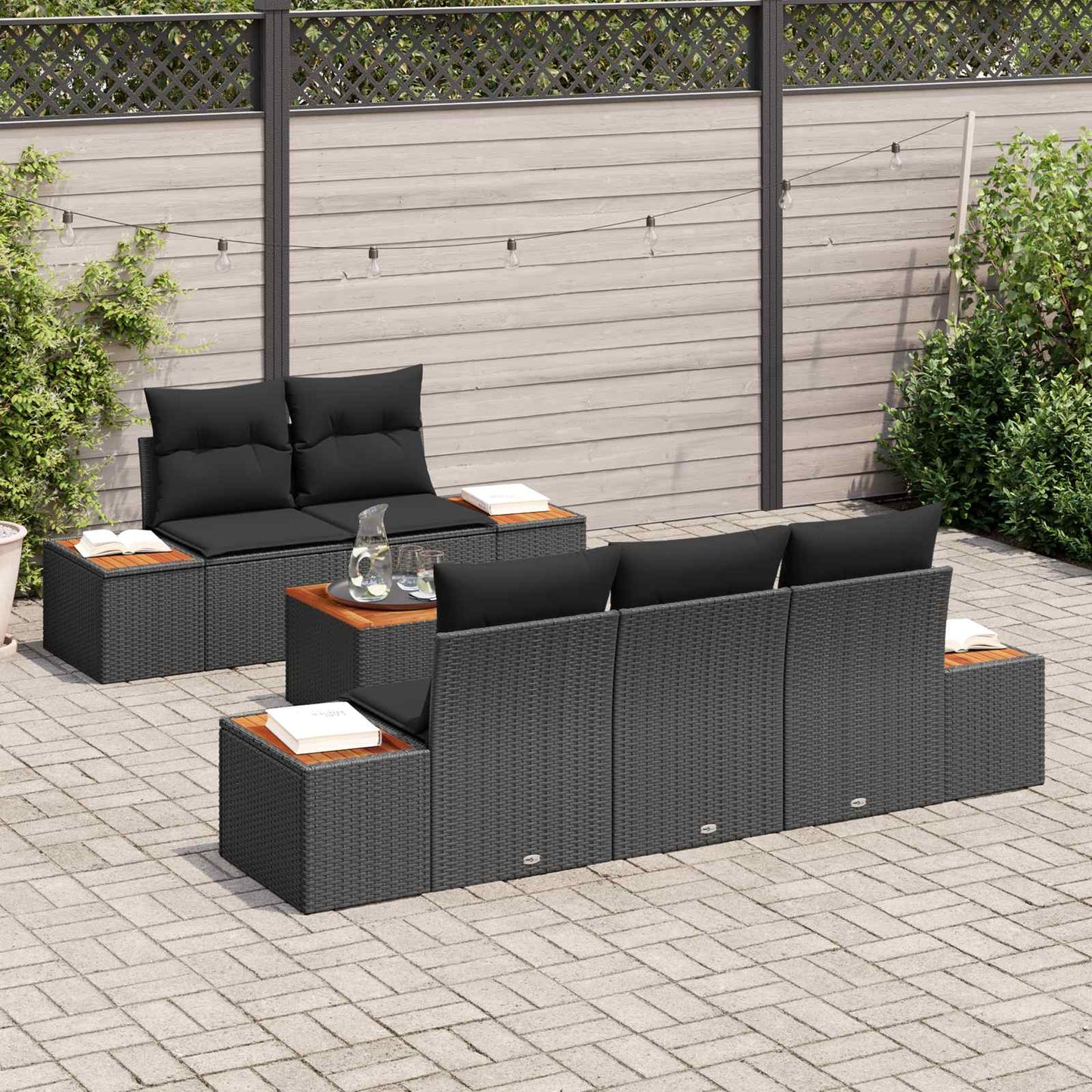 Kerti Kanapé Szett tárolóval 6 pcs Fekete Poli rattan