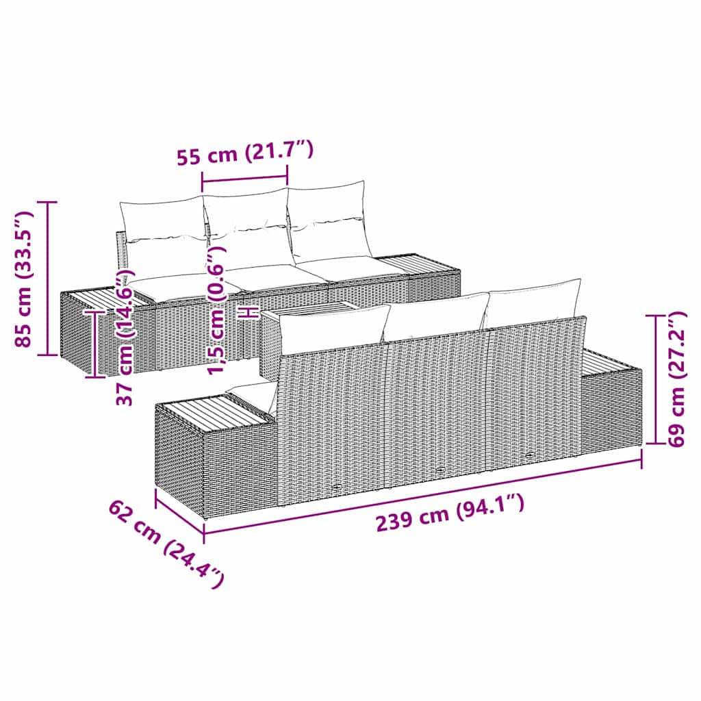 Kerti Kanapé Szett tárolóval 7 pcs Fekete Poli rattan