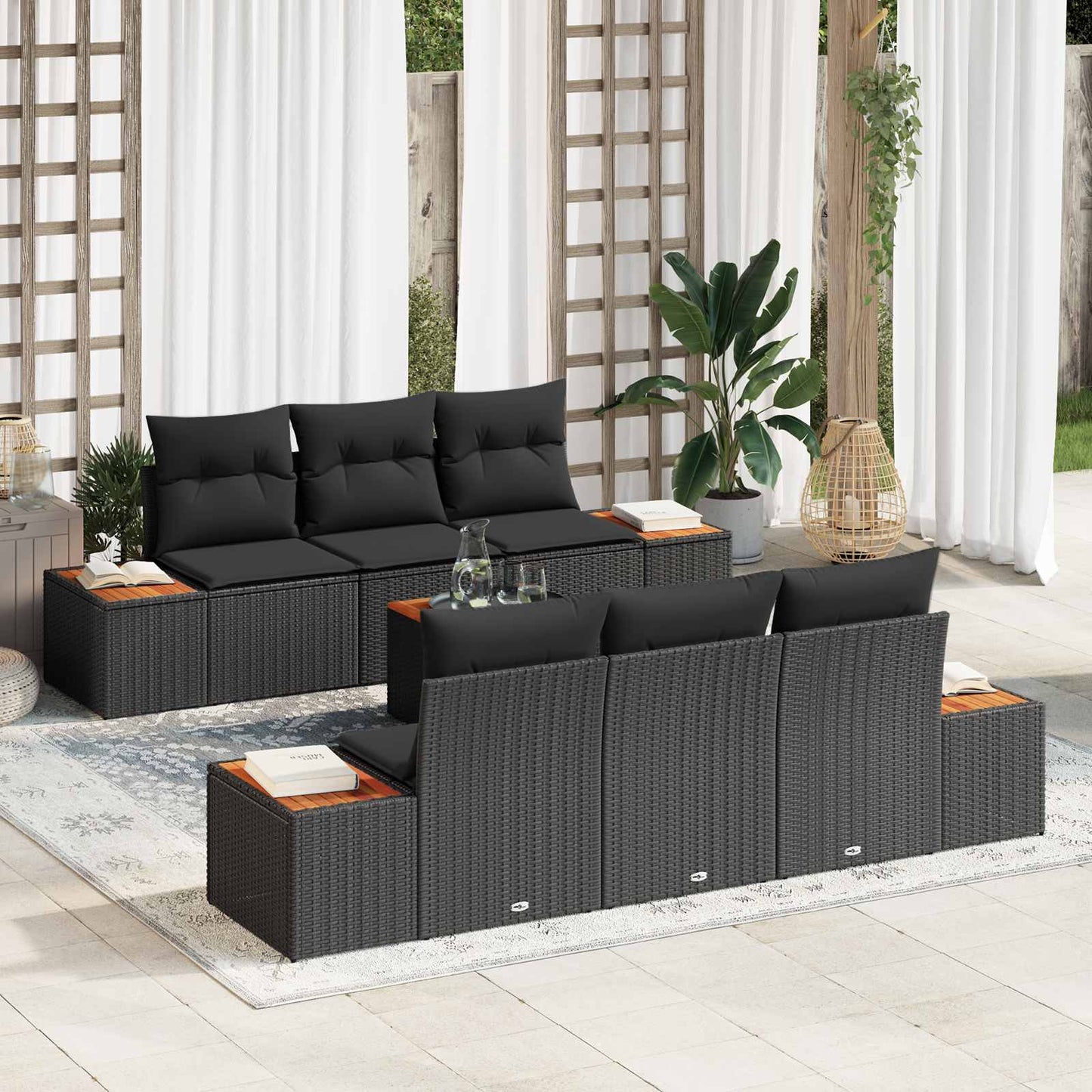 Kerti Kanapé Szett párnával tárolóval 7 pcs Fekete Poli rattan