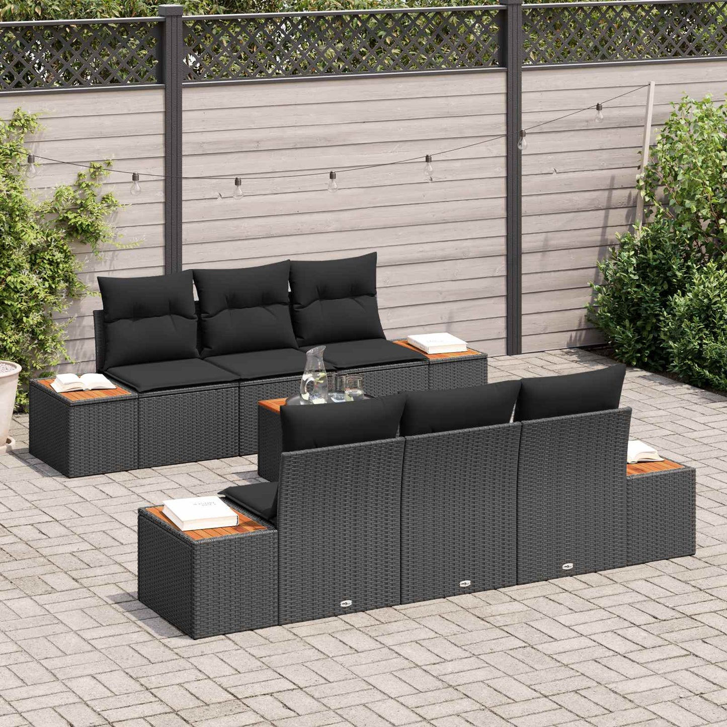 Kerti Kanapé Szett párnával tárolóval 7 pcs Fekete Poli rattan