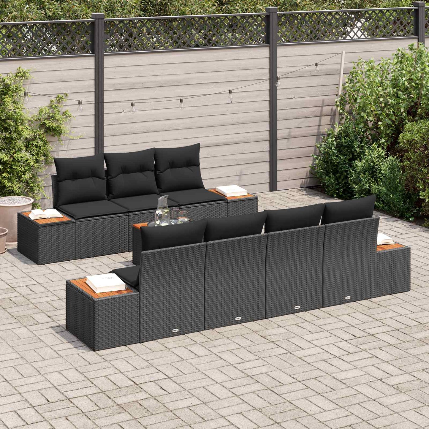 Kerti Kanapé Szett párnával tárolóval 8 pcs Fekete Poli rattan