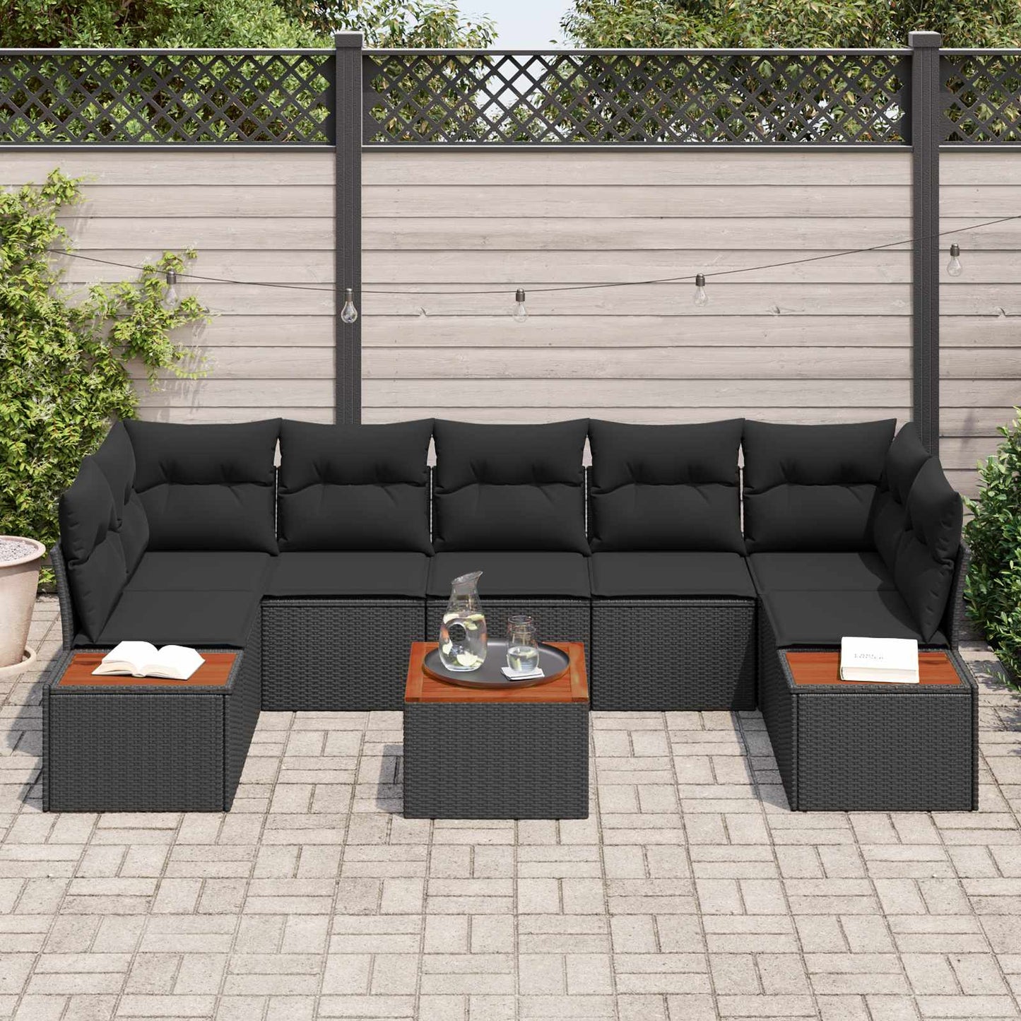 Kerti Kanapé Szett párnával tárolóval 8 pcs Fekete Poli rattan