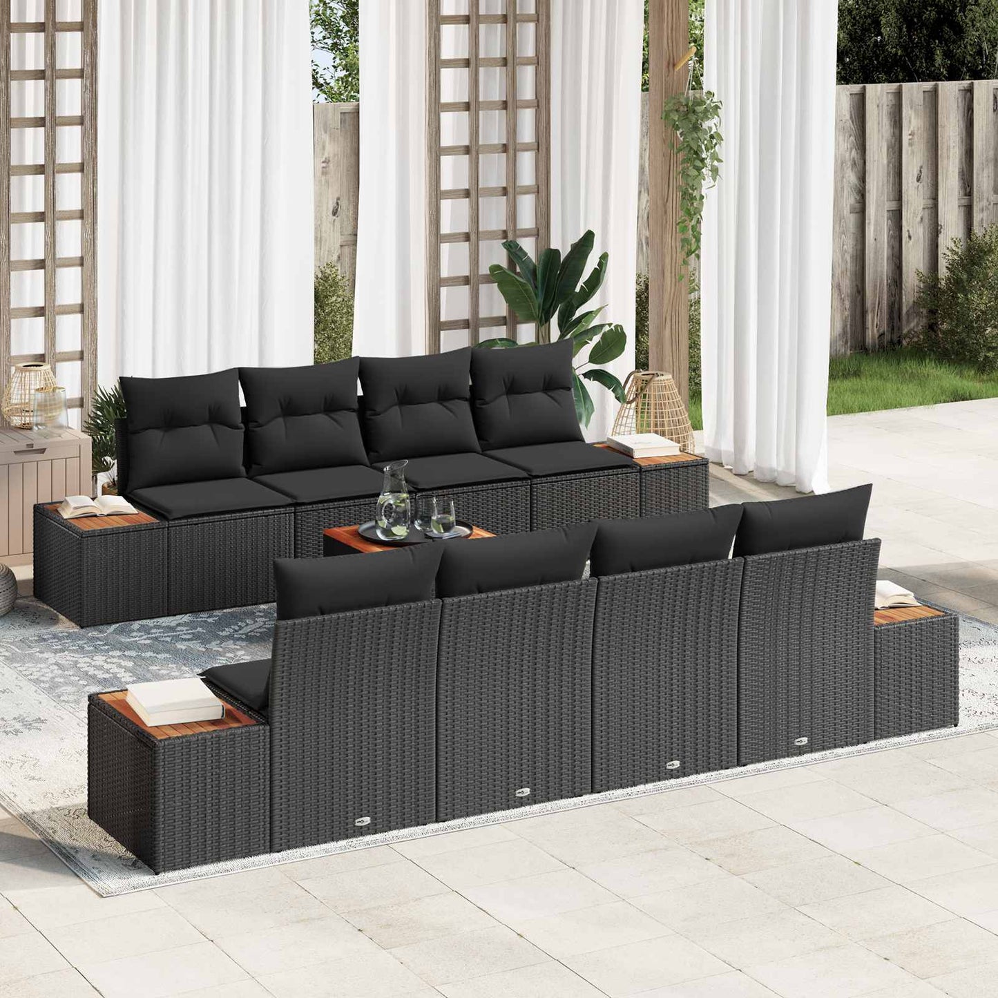 Kerti Kanapé Szett párnával tárolóval 9 pcs Fekete Poli rattan